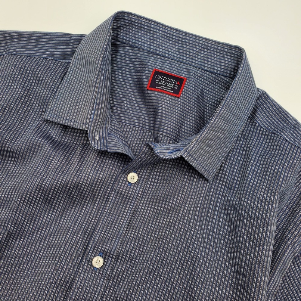 UNTUCKit Mens XX-Large Relaxed Fit Wrinkle Free Blue Striped Short Sleeve Shirt